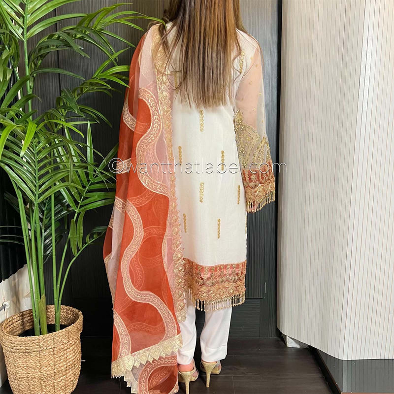 Prêt White Orange Heavily Embroidered Organza Suit
