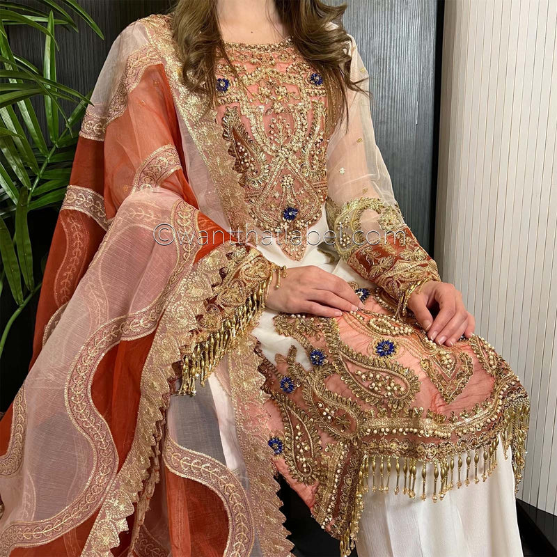 Prêt White Orange Heavily Embroidered Organza Suit