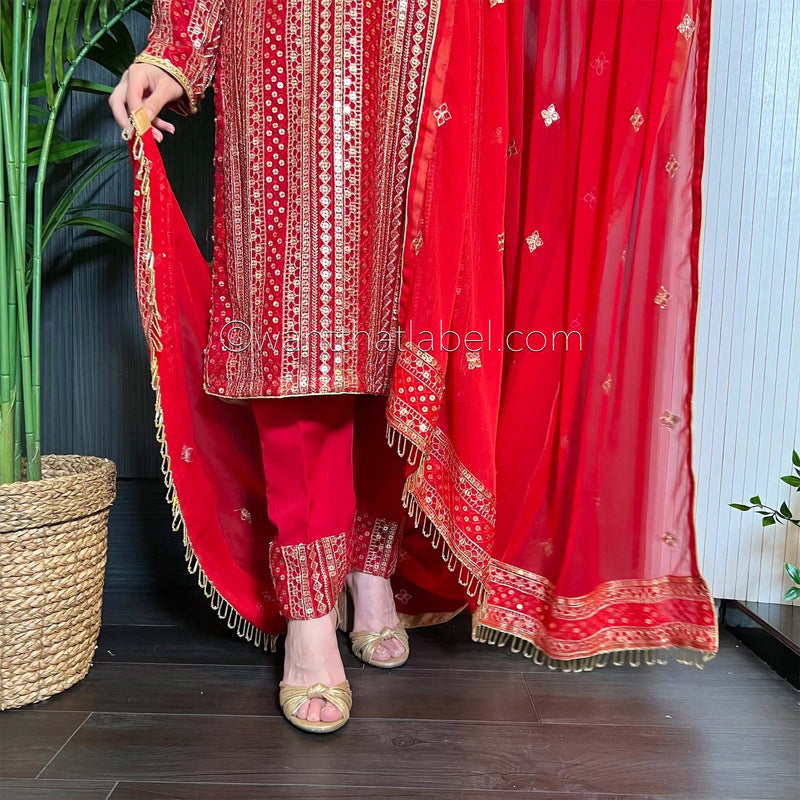 Red Gold Hand Embroidered Chiffon Suit