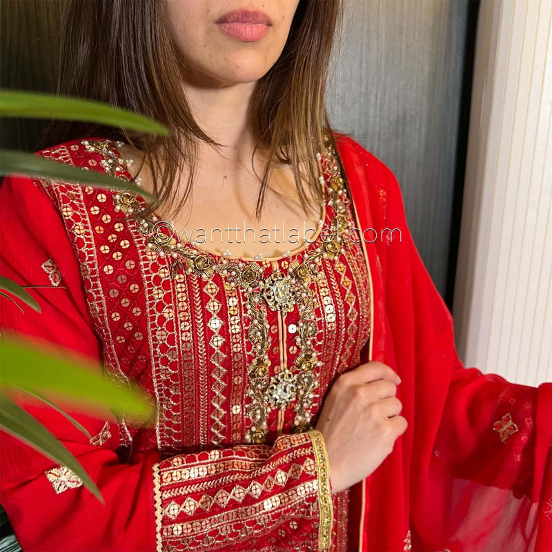Red Gold Hand Embroidered Chiffon Suit
