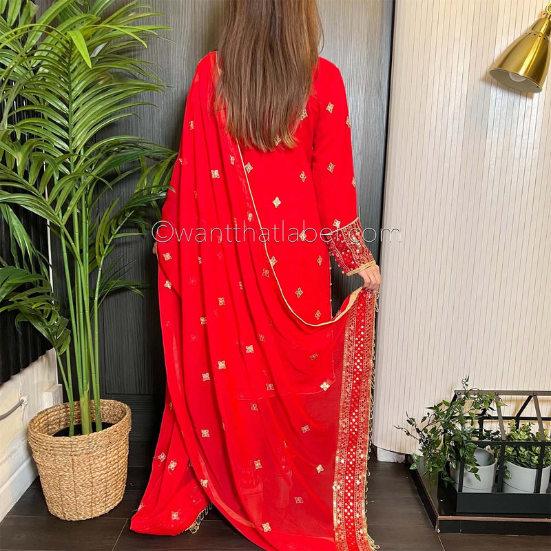 Red Gold Hand Embroidered Chiffon Suit
