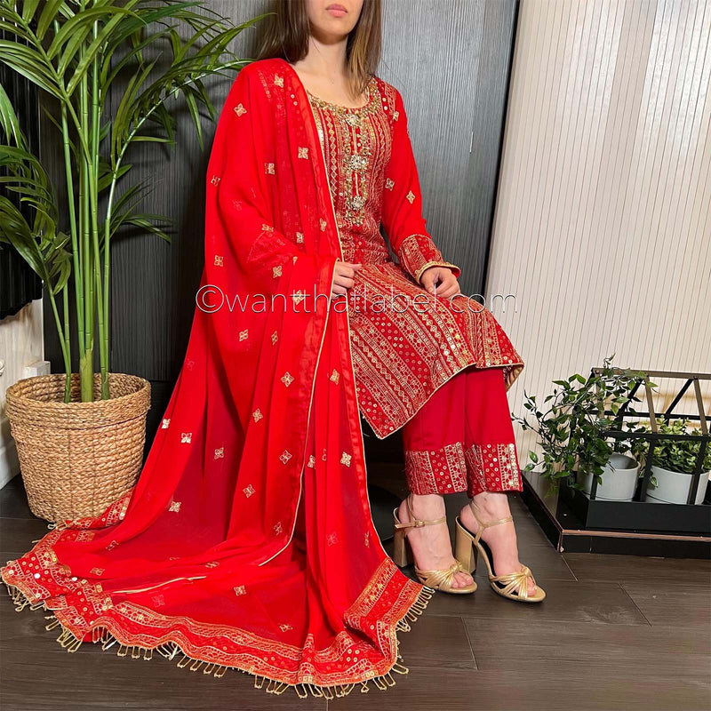 Red Gold Hand Embroidered Chiffon Suit