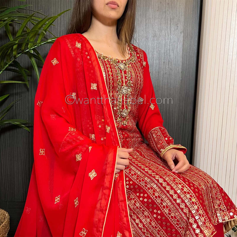 Red Gold Hand Embroidered Chiffon Suit