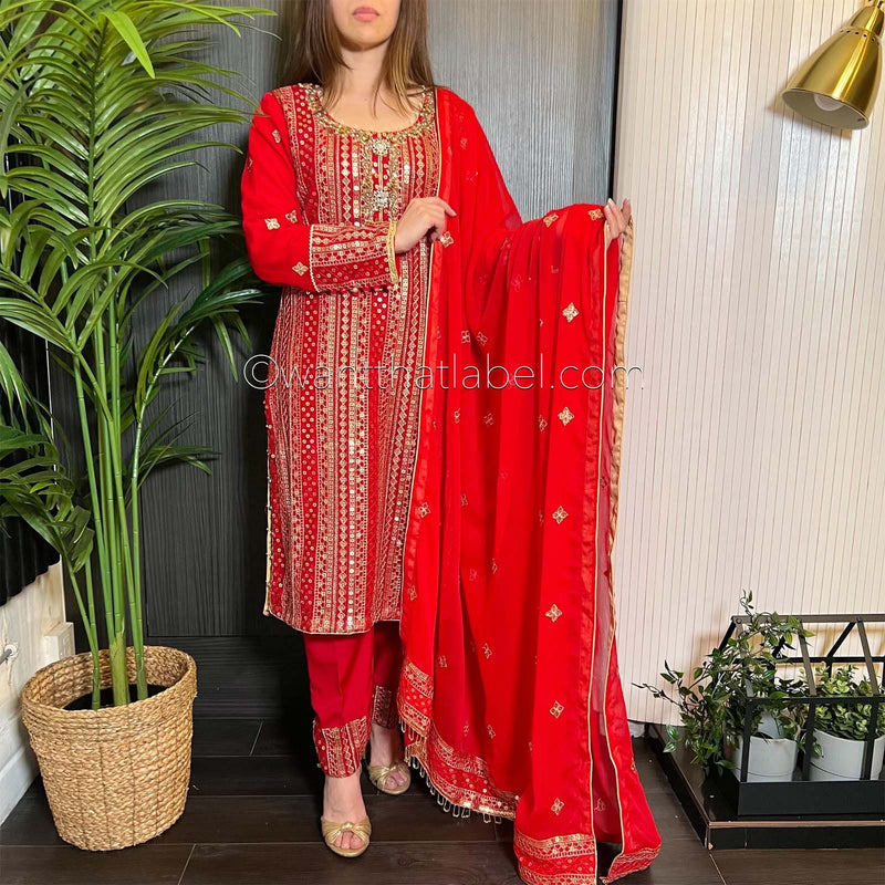 Red Gold Hand Embroidered Chiffon Suit
