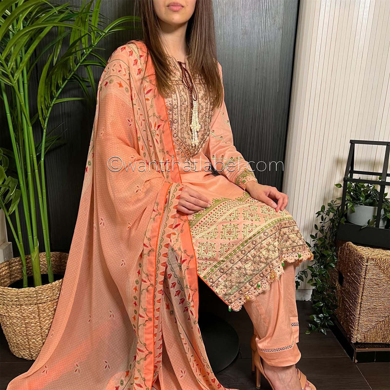 Sobia Nazir Inspired Peach Brown Print Lawn Suit