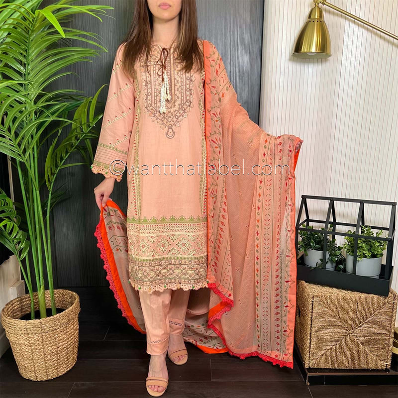 Sobia Nazir Inspired Peach Brown Print Lawn Suit