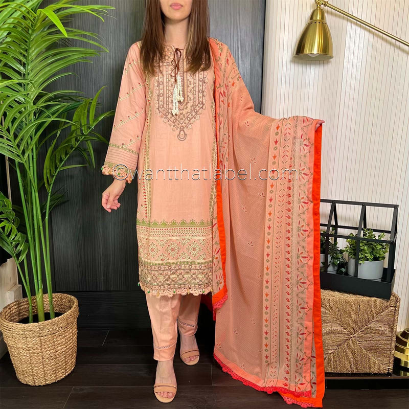 Sobia Nazir Inspired Peach Brown Print Lawn Suit