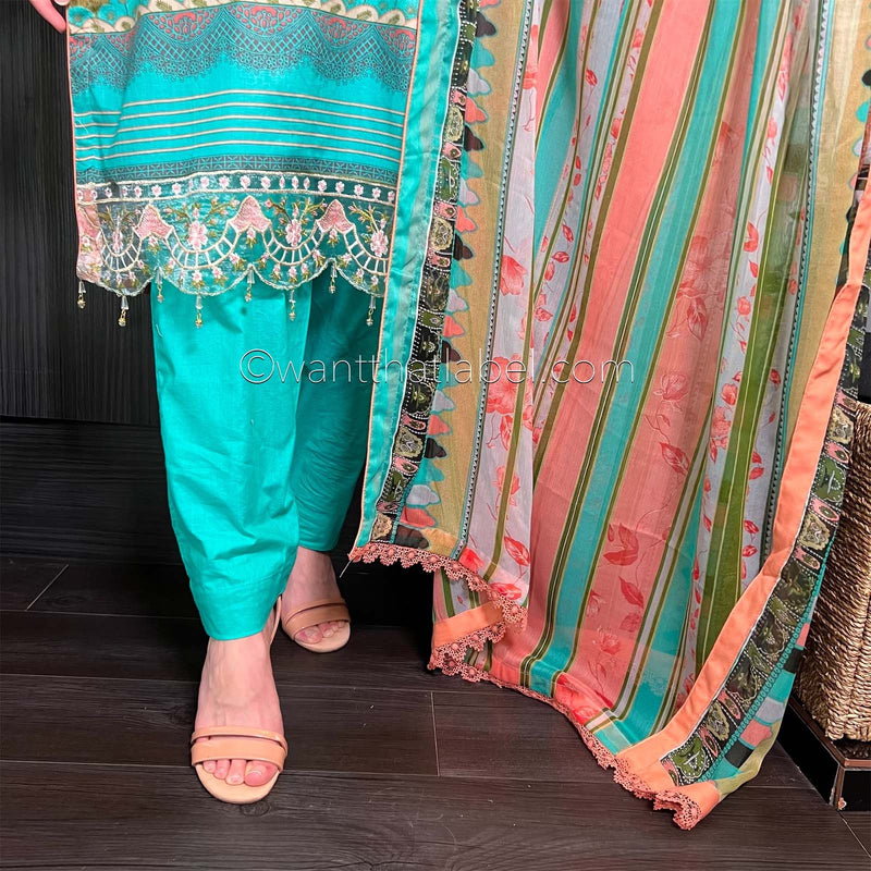 Sobia Nazir Inspired Sea Green Peach Print Lawn Suit