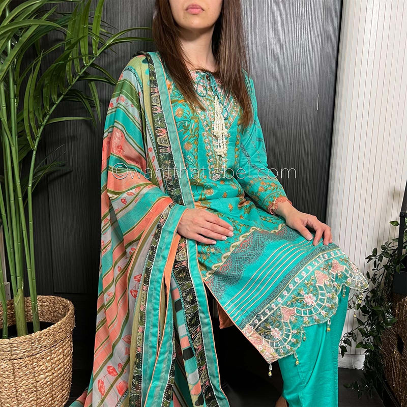 Sobia Nazir Inspired Sea Green Peach Print Lawn Suit