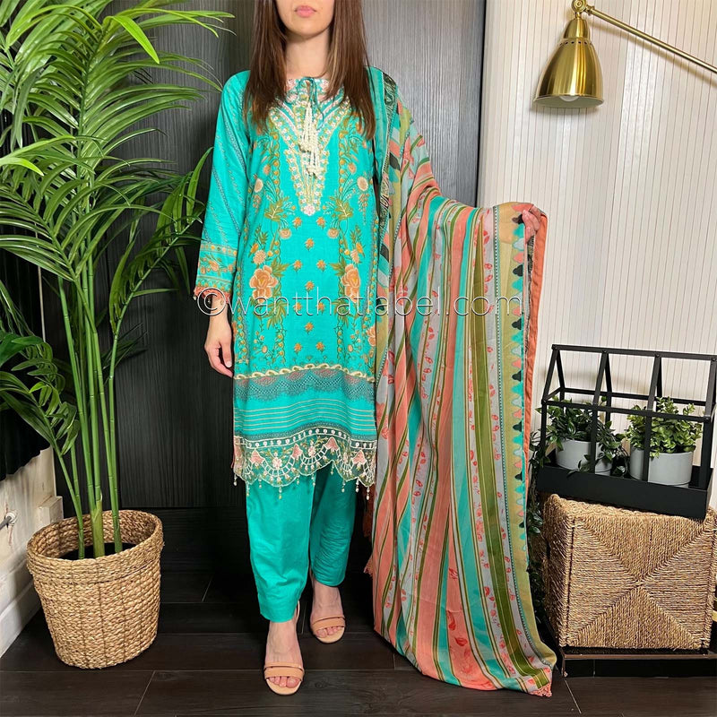 Sobia Nazir Inspired Sea Green Peach Print Lawn Suit