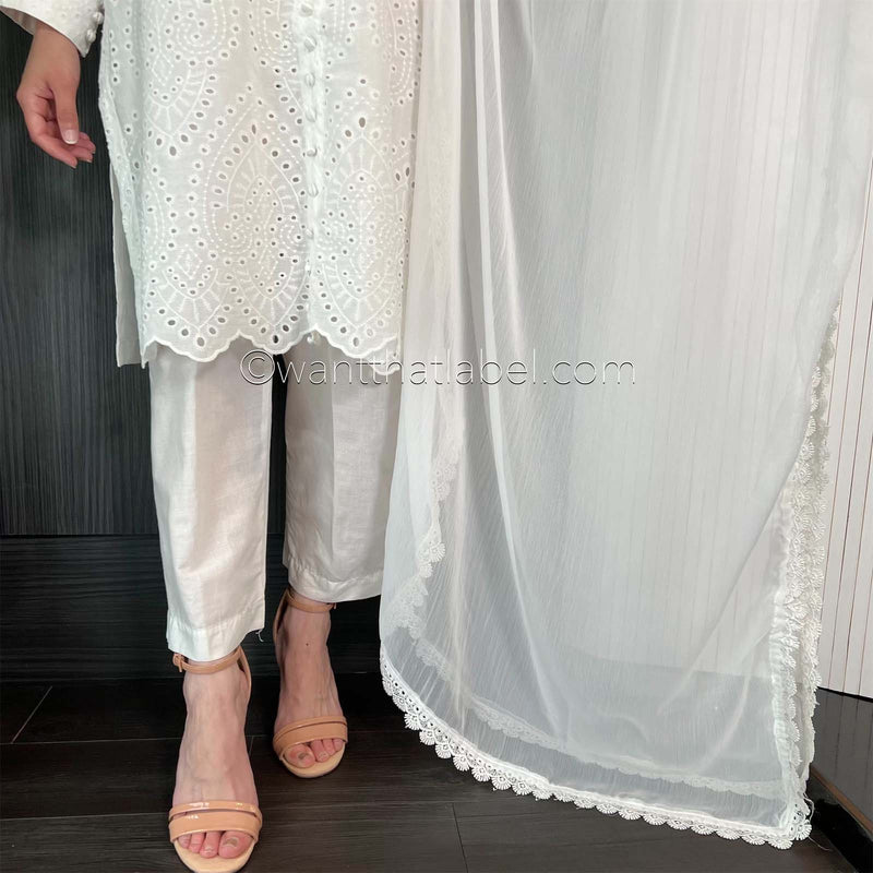 White Chikankari Embroidered Cotton Kurta Suit