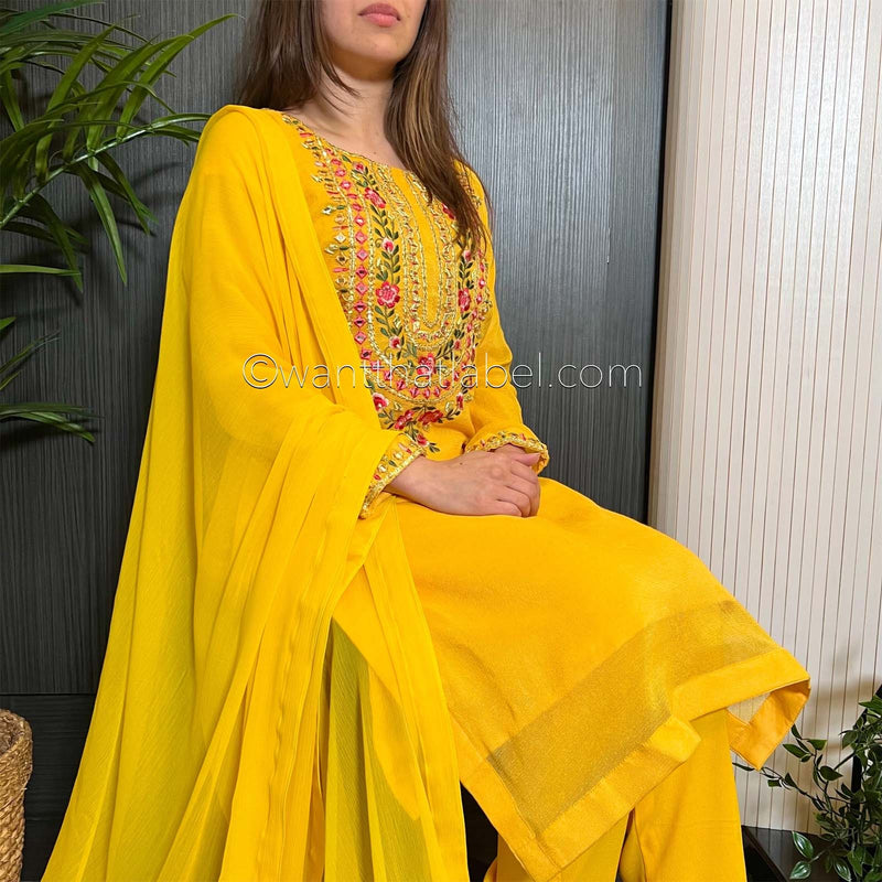 Yellow Khaadi Net Gota Embroidered Suit