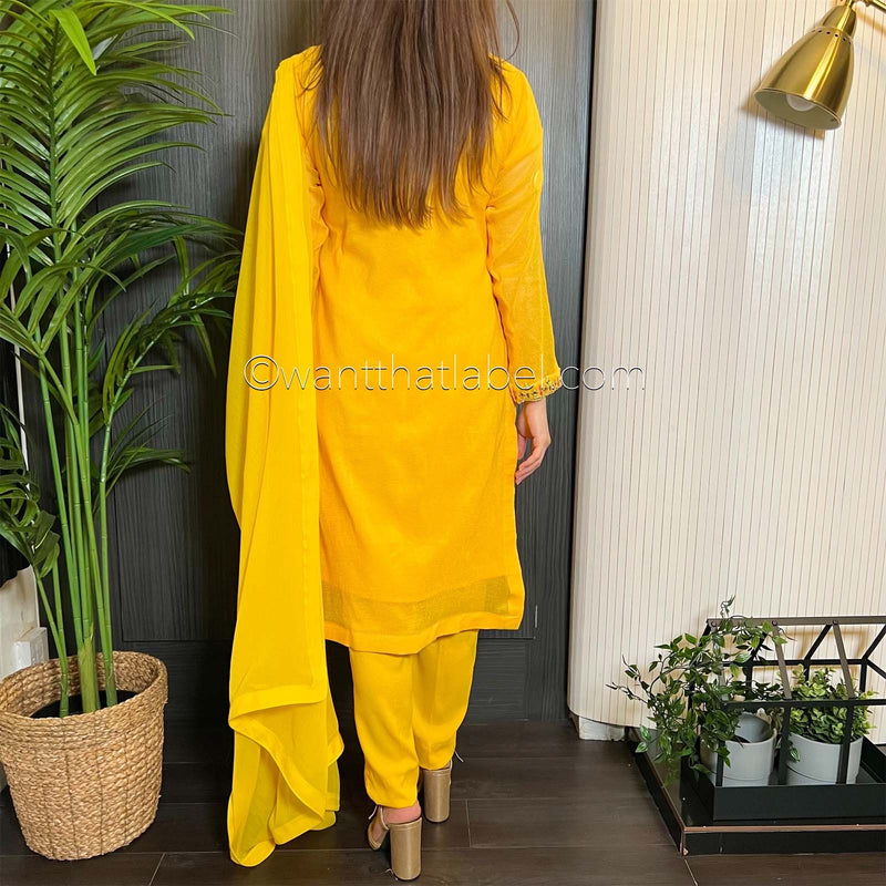 Yellow Khaadi Net Gota Embroidered Suit