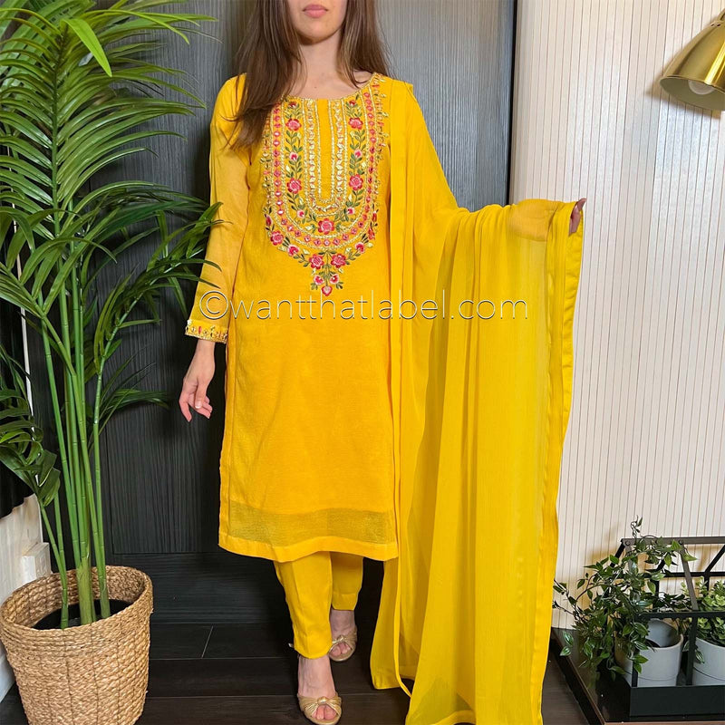 Yellow Khaadi Net Gota Embroidered Suit