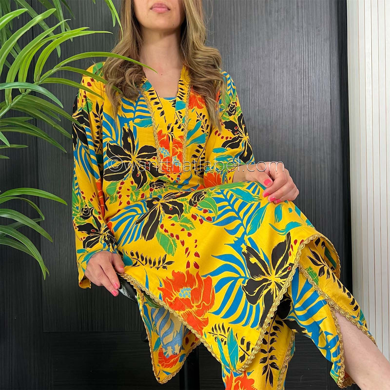 Yellow Tropical Print Linen 2 Piece Co-Ord Set