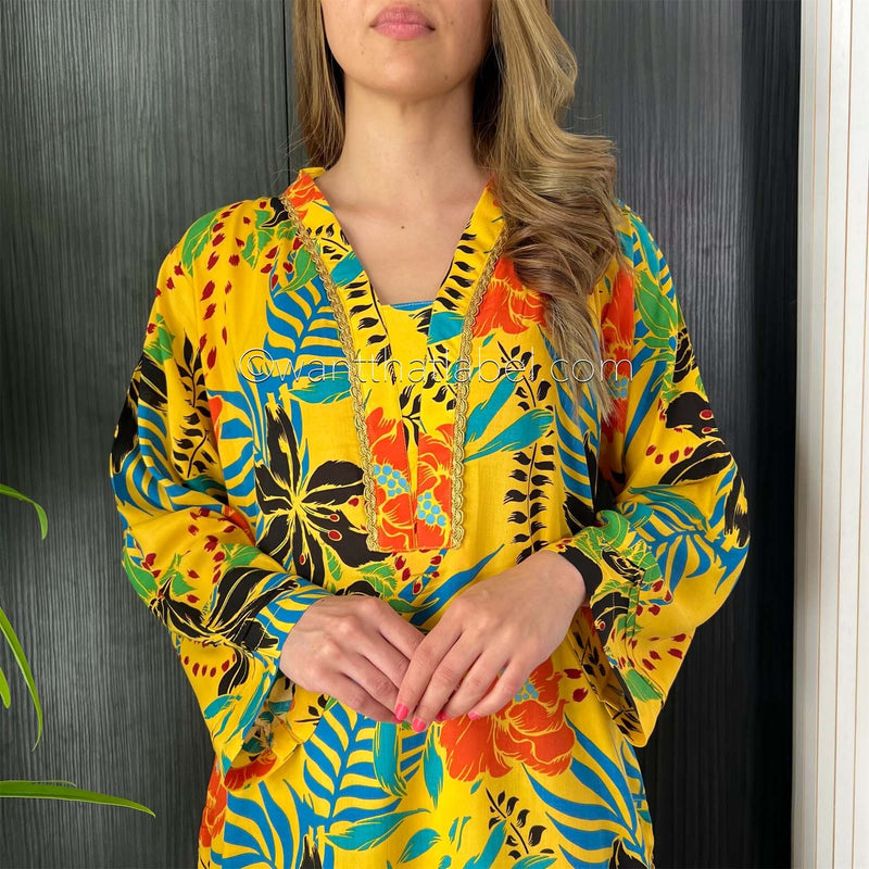 Yellow Tropical Print Linen 2 Piece Co-Ord Set