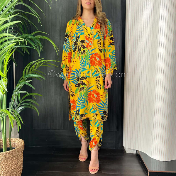 Yellow Tropical Print Linen 2 Piece Co-Ord Set