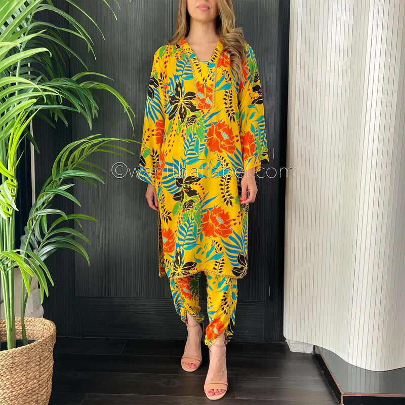 Yellow Tropical Print Linen 2 Piece Co-Ord Set