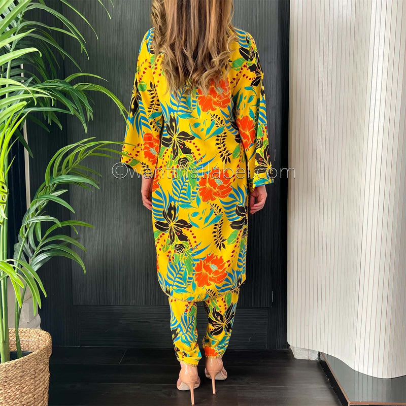 Yellow Tropical Print Linen 2 Piece Co-Ord Set