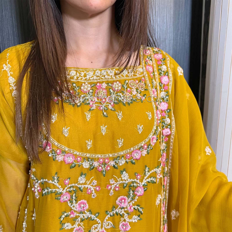 Agha Noor Mustard Yellow Embroidered Chiffon Suit