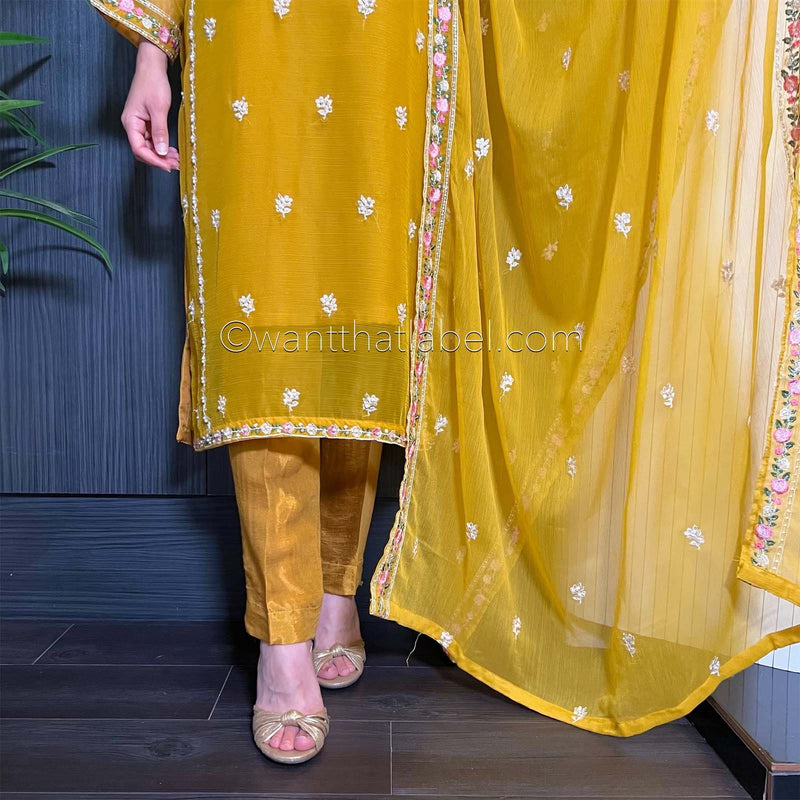 Agha Noor Mustard Yellow Embroidered Chiffon Suit