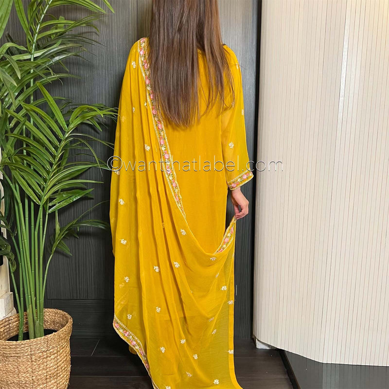 Agha Noor Mustard Yellow Embroidered Chiffon Suit