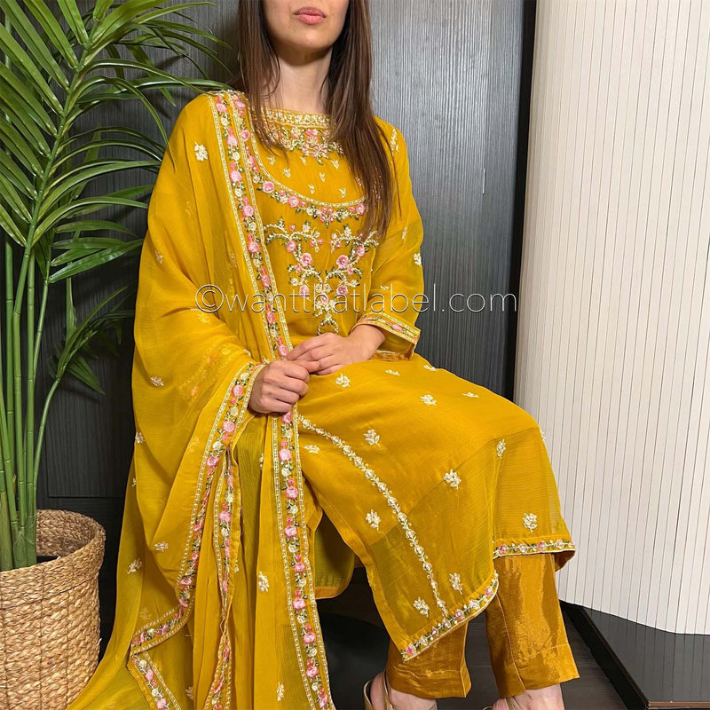 Agha Noor Mustard Yellow Embroidered Chiffon Suit