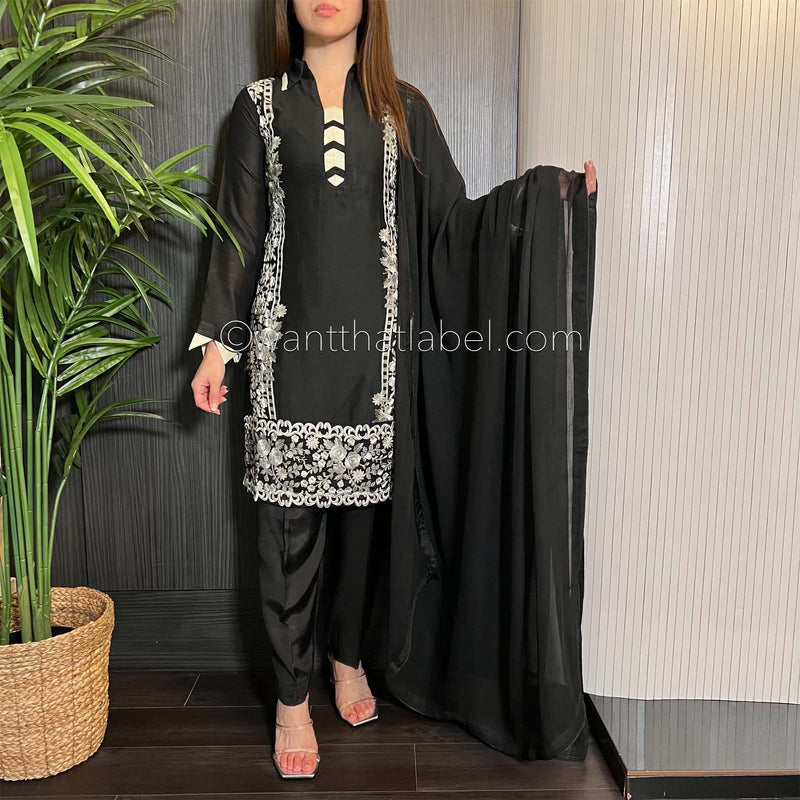 Areeba Saleem Original Black Collared White Grey Embroidered Suit