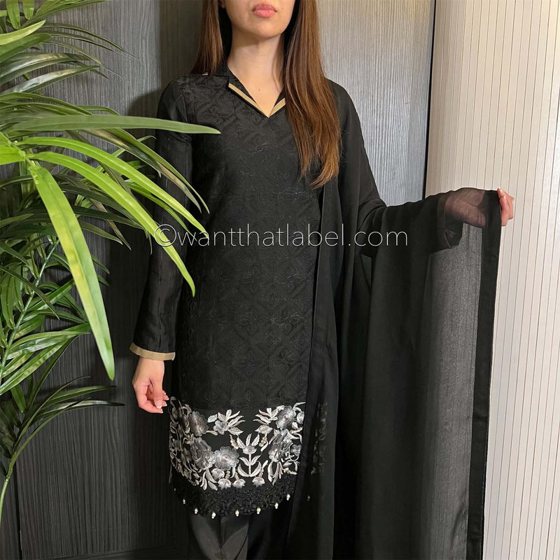 Areeba Saleem Original Black Brown Collar Embroidered Suit
