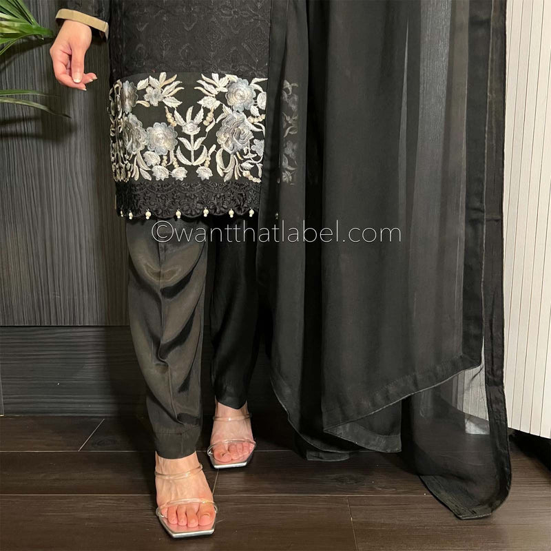 Areeba Saleem Original Black Brown Collar Embroidered Suit