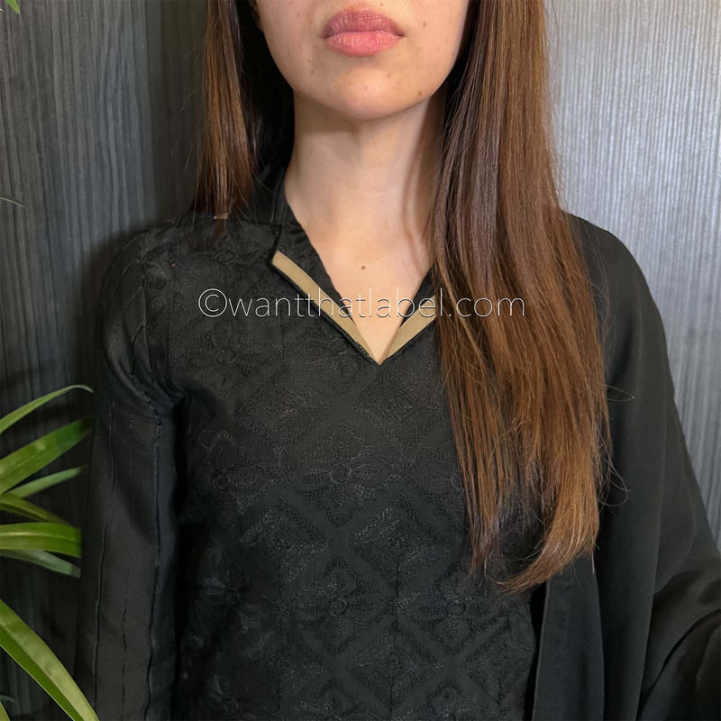 Areeba Saleem Original Black Brown Collar Embroidered Suit