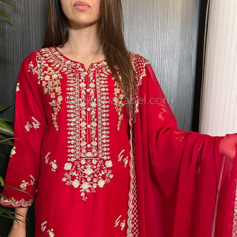 Agha Noor Red Gold Embroidered Chiffon Kurta Suit