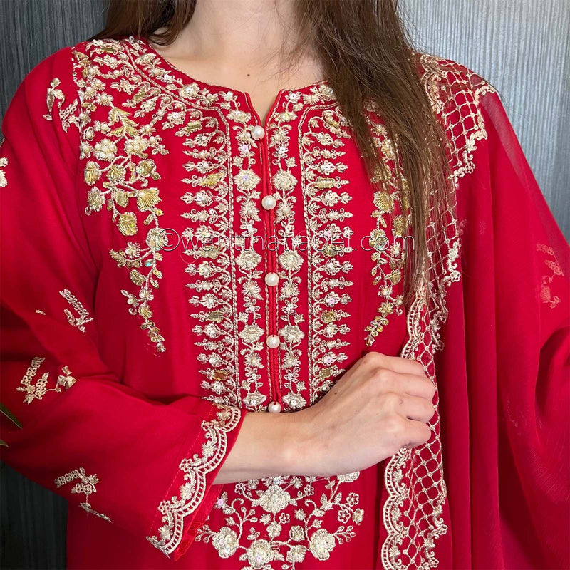 Agha Noor Red Gold Embroidered Chiffon Kurta Suit