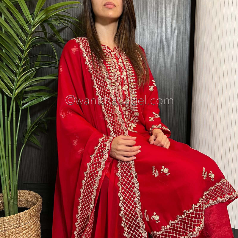 Agha Noor Red Gold Embroidered Chiffon Kurta Suit