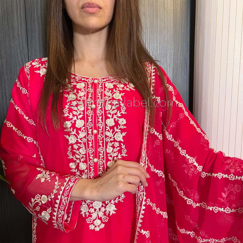 Agha Noor Hot Pink Embroidered Chiffon Suit