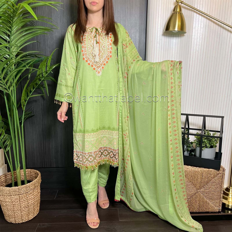 Sobia Nazir Inspired Light Green Orange Print Lawn Suit