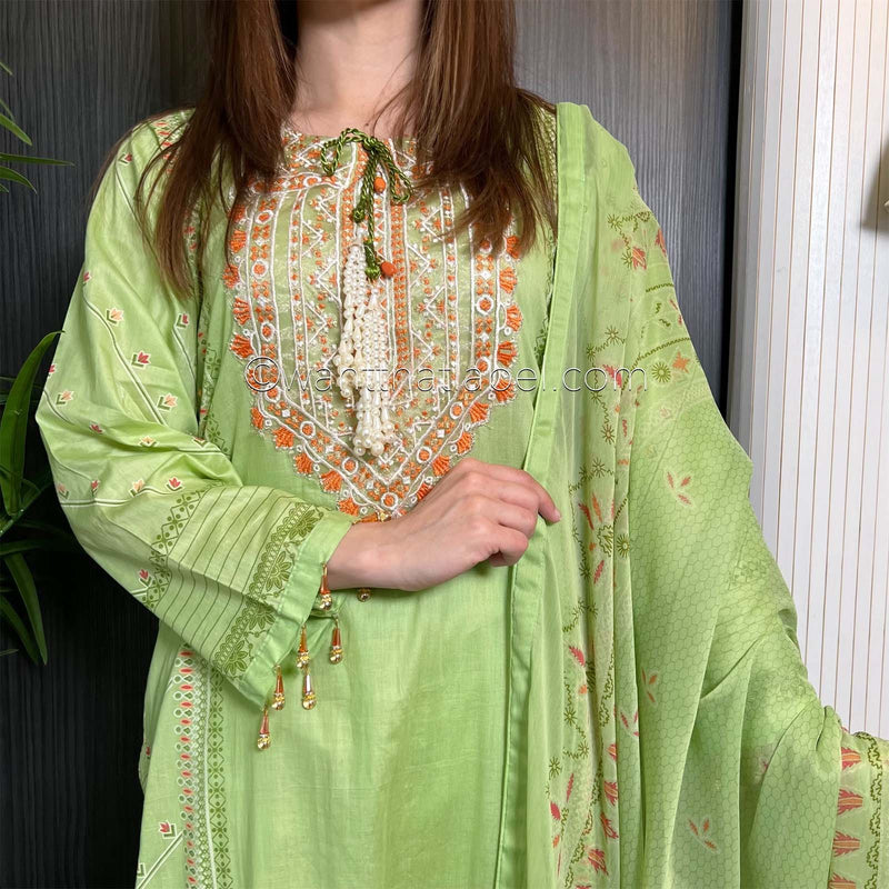 Sobia Nazir Inspired Light Green Orange Print Lawn Suit