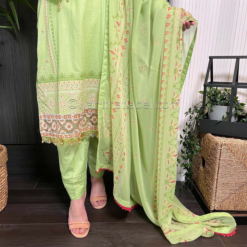 Sobia Nazir Inspired Light Green Orange Print Lawn Suit