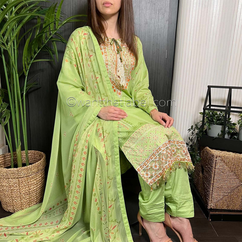 Sobia Nazir Inspired Light Green Orange Print Lawn Suit