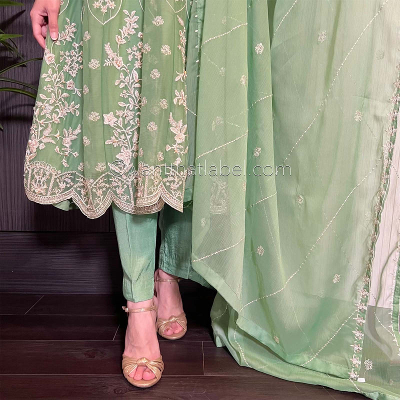 Agha Noor Green Embroidered Chiffon Frock Suit