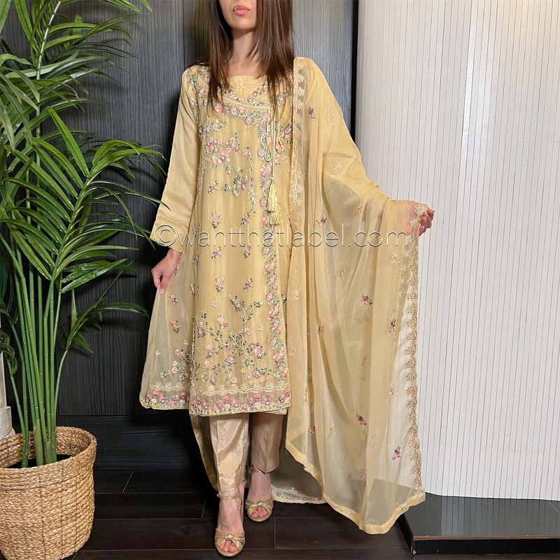 Agha Noor Gold Angrakha Embroidered Chiffon Suit
