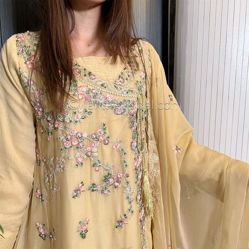 Agha Noor Gold Angrakha Embroidered Chiffon Suit
