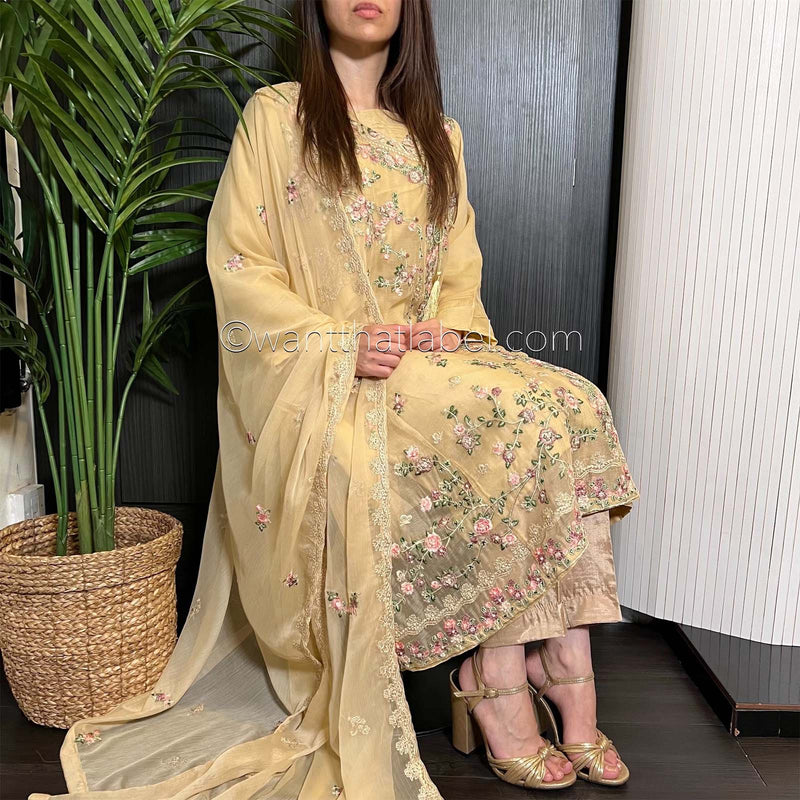 Agha Noor Gold Angrakha Embroidered Chiffon Suit