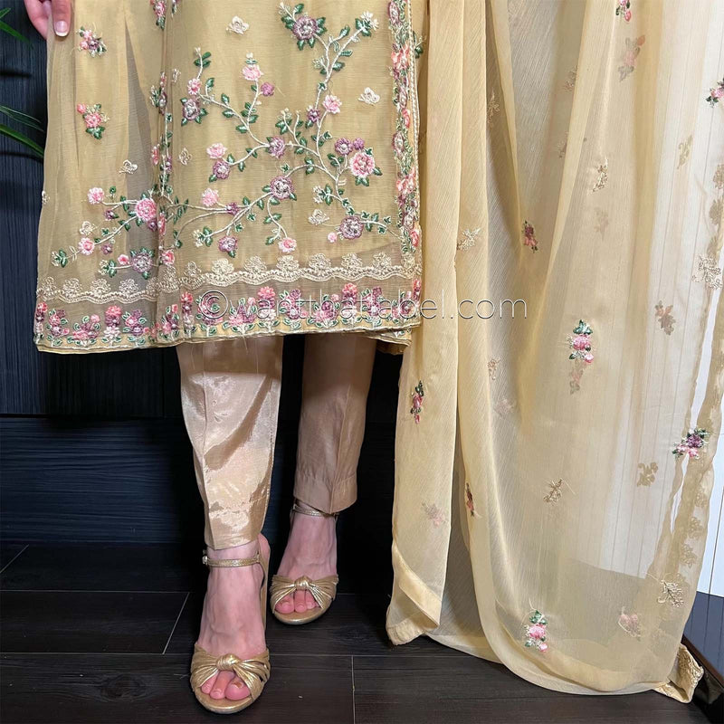 Agha Noor Gold Angrakha Embroidered Chiffon Suit