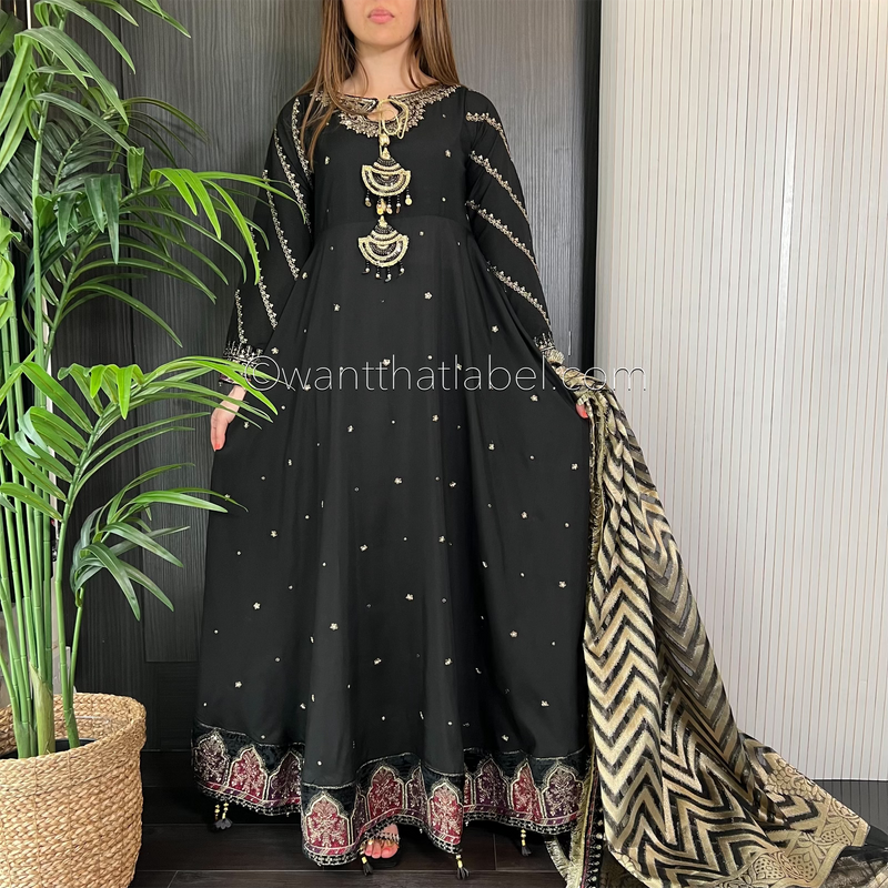 Maria B Inspired Black Gold Embroidered Maxi Dress Suit