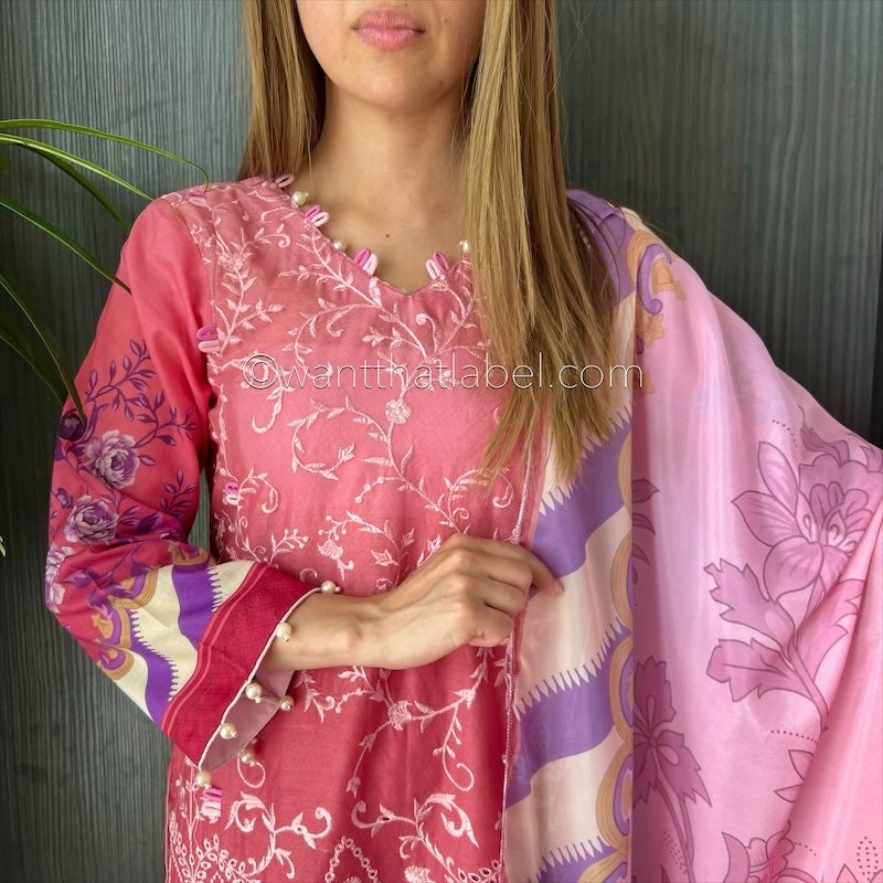 Crimson Inspired Pink Ombre Embroidered Chickankari Lawn Suit