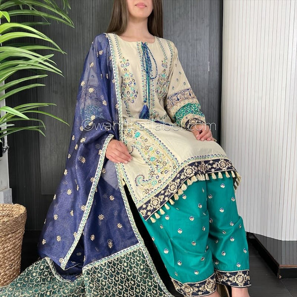 Karma Original Beige Blue Heavily Embroidered Kameez Suit