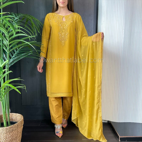 Mustard Hand Embroidered Chiffon Suit