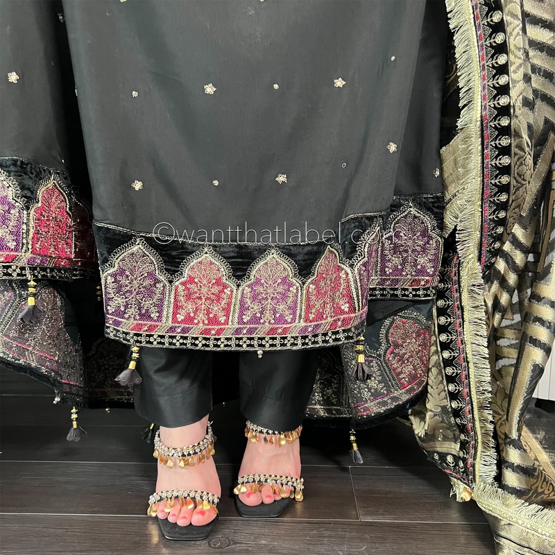 Maria B Inspired Black Gold Embroidered Maxi Dress Suit