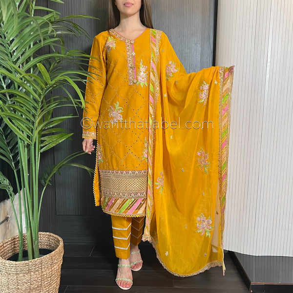 Mustard Heavily Embroidered Chickankari Suit